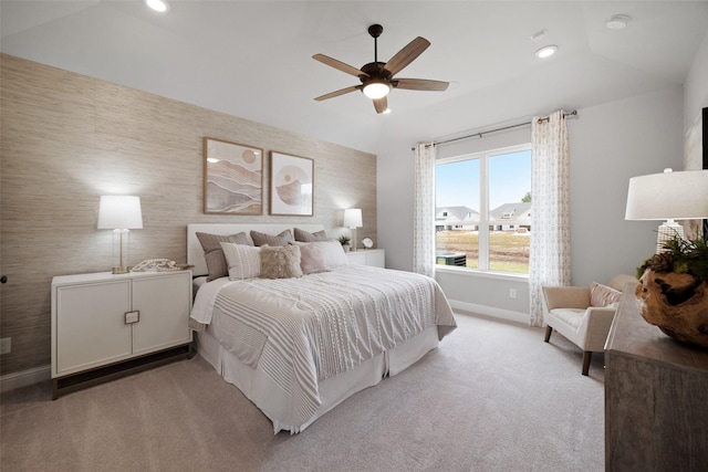 bedroom featuring wallpapered walls, baseboards, carpet, vaulted ceiling, and recessed lighting