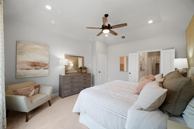 bedroom featuring lofted ceiling, recessed lighting, visible vents, and light colored carpet