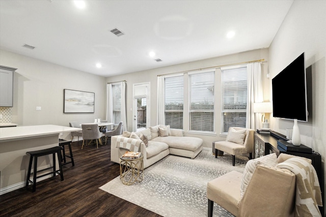 living room with dark hardwood / wood-style floors