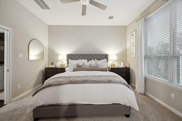 carpeted bedroom featuring ceiling fan