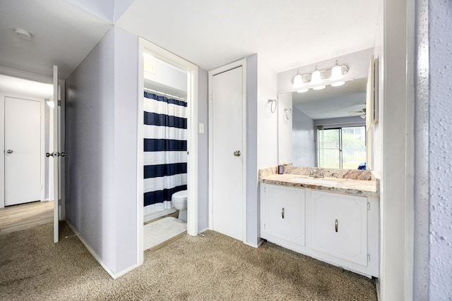 bathroom with toilet, vanity, and walk in shower