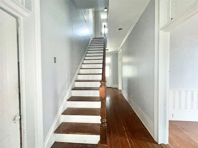 stairs with wood-type flooring and ornamental molding