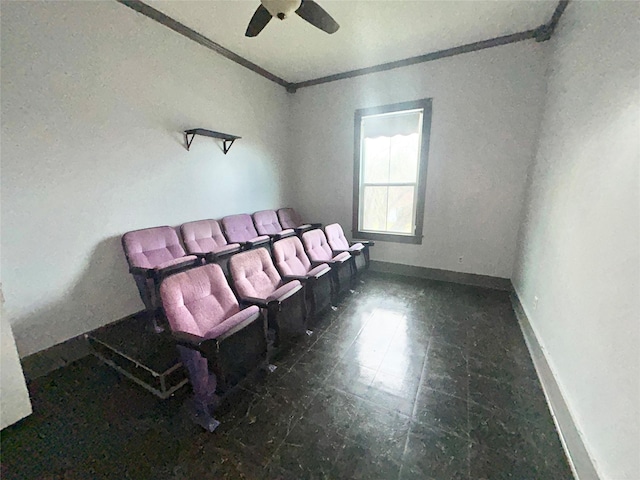 interior space featuring ceiling fan and ornamental molding