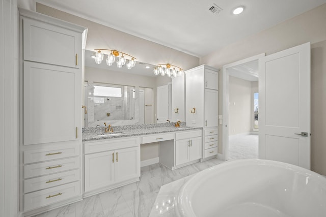 bathroom with vanity, a wealth of natural light, and shower with separate bathtub