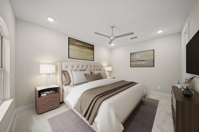 carpeted bedroom featuring ceiling fan