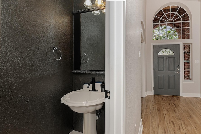 bathroom with hardwood / wood-style flooring