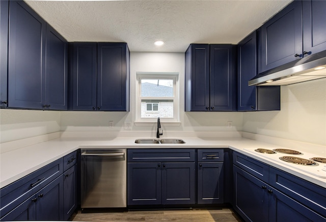 kitchen featuring a textured ceiling, dishwasher, dark hardwood / wood-style flooring, sink, and white electric stovetop