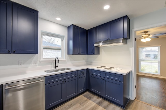 kitchen featuring sink, stainless steel dishwasher, blue cabinetry, and white electric cooktop