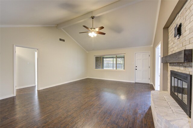 unfurnished living room featuring beamed ceiling, a fireplace, dark hardwood / wood-style floors, high vaulted ceiling, and ceiling fan