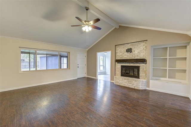 unfurnished living room with a fireplace, dark hardwood / wood-style floors, vaulted ceiling with beams, and ceiling fan