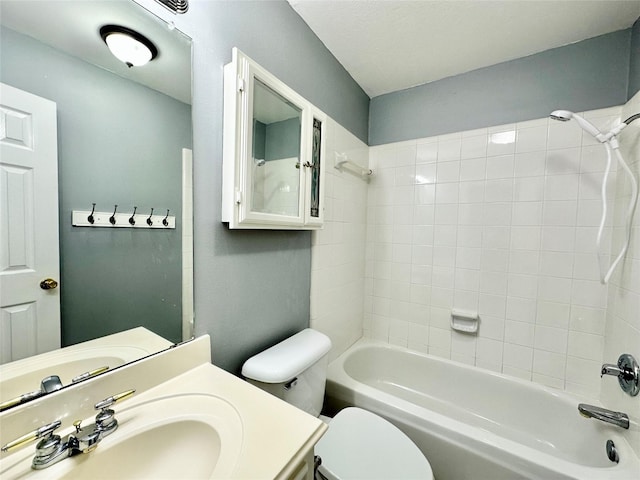 full bath with shower / bath combination, toilet, and vanity