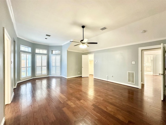 unfurnished room featuring dark wood-style floors, baseboards, and visible vents