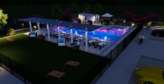 pool at twilight with a patio area and a jacuzzi