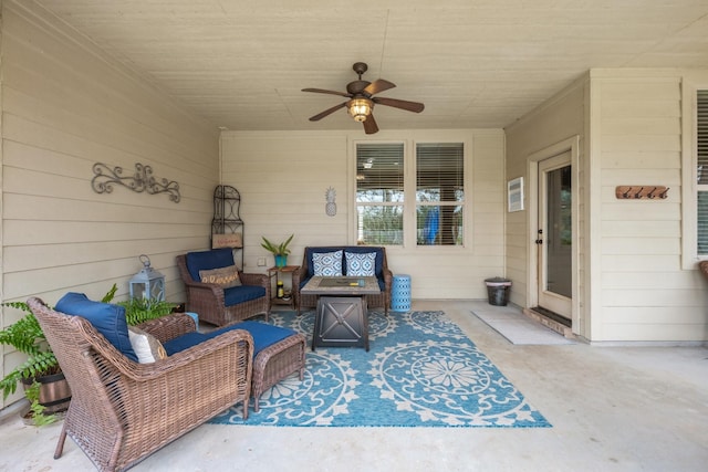 view of patio with ceiling fan and outdoor lounge area