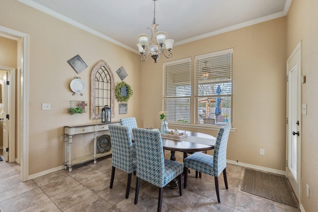dining area with ornamental molding, baseboards, a notable chandelier, and light tile patterned floors