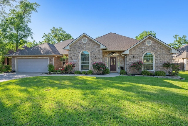 view of front of home with brick siding, an attached garage, a front lawn, and driveway