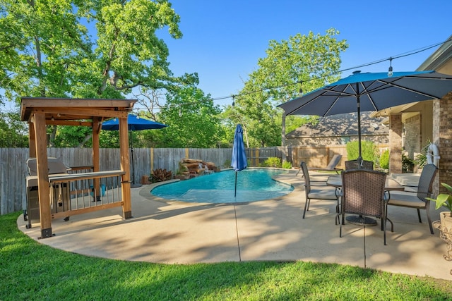 view of swimming pool featuring a patio area, a fenced backyard, and a fenced in pool