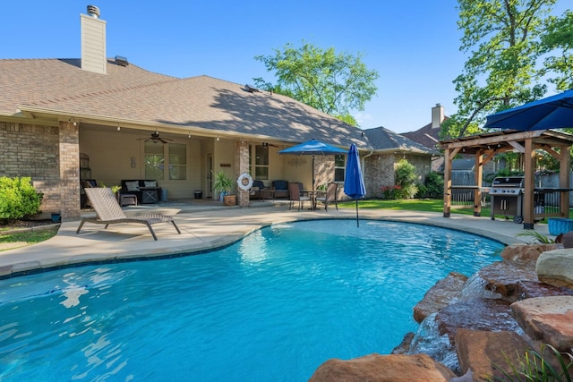 outdoor pool featuring a patio area, a ceiling fan, a gazebo, and a grill