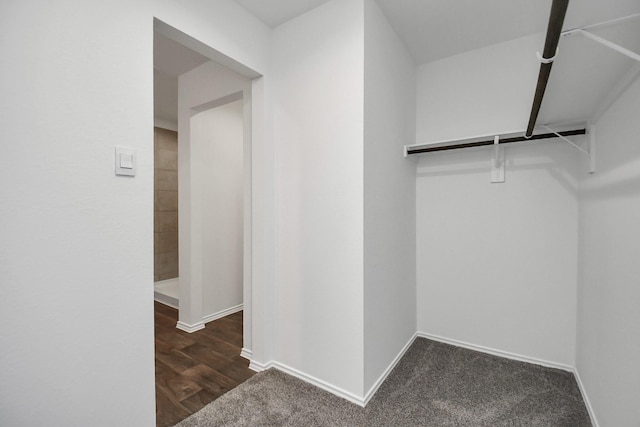 walk in closet featuring dark colored carpet