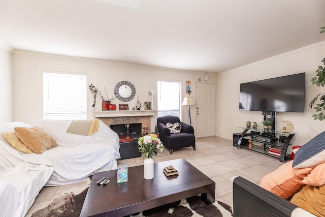 tiled living room featuring crown molding