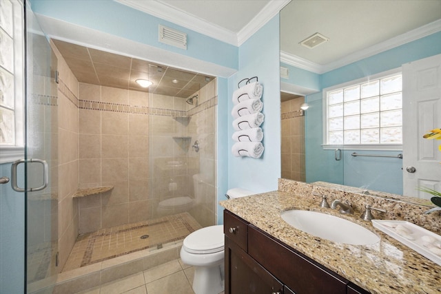 bathroom featuring crown molding, tile patterned floors, toilet, walk in shower, and vanity