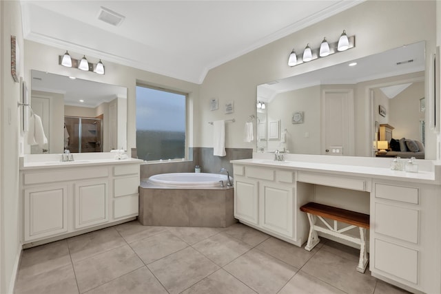 bathroom featuring shower with separate bathtub, crown molding, vanity, and tile patterned flooring