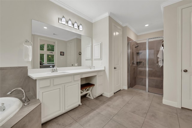 bathroom with tile patterned floors, vanity, ornamental molding, and plus walk in shower