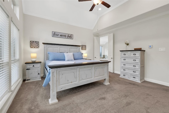 carpeted bedroom featuring ceiling fan, high vaulted ceiling, ornamental molding, and multiple windows