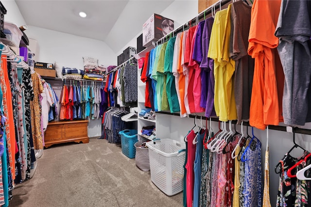 spacious closet featuring carpet floors and lofted ceiling