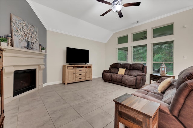 tiled living room featuring ceiling fan, crown molding, and lofted ceiling