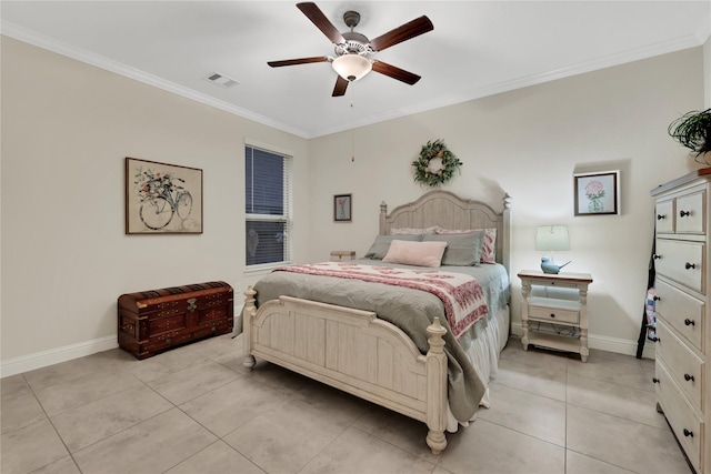 bedroom featuring light tile patterned floors, ceiling fan, and ornamental molding