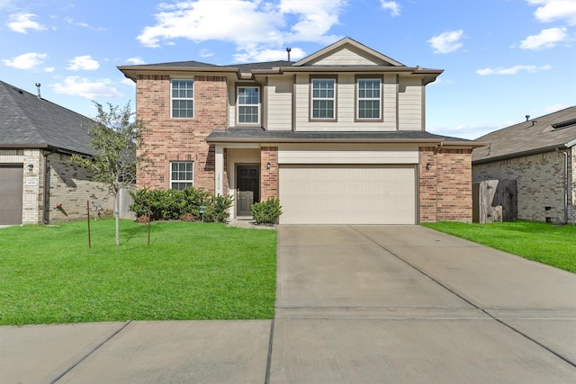 view of front of property with a front yard and a garage