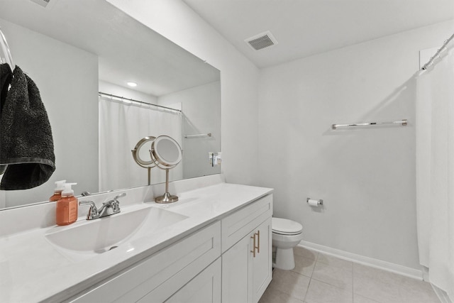 bathroom featuring a shower with curtain, toilet, tile patterned flooring, and vanity