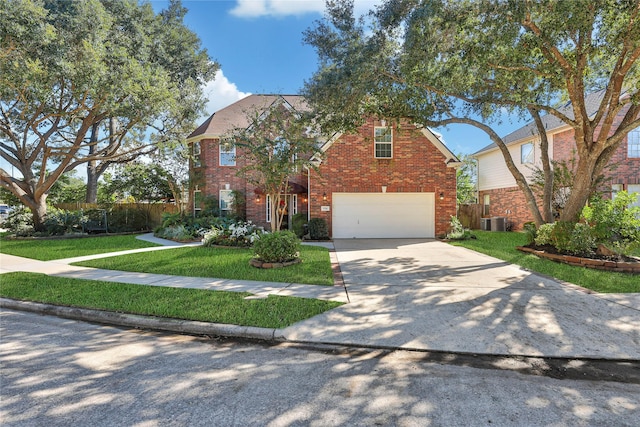 view of front of home featuring a garage, a front yard, and cooling unit