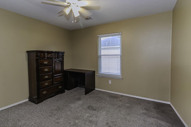 unfurnished bedroom with ceiling fan and light carpet