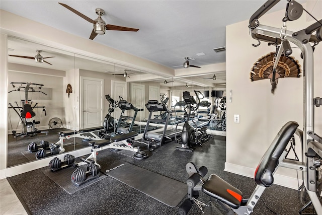 exercise room featuring ceiling fan