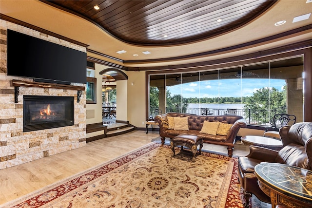 building lobby featuring a water view