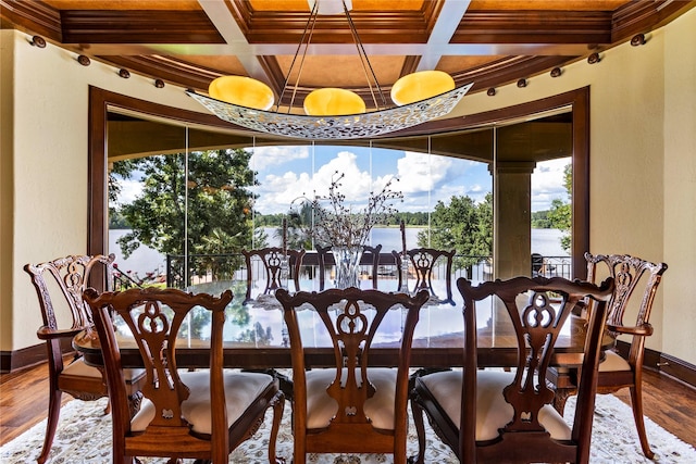 dining room with coffered ceiling, beam ceiling, and wood-type flooring