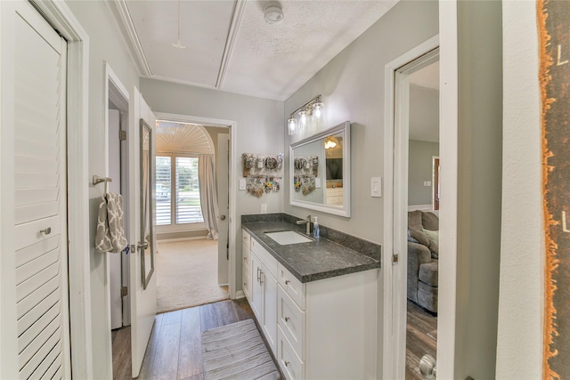 bathroom featuring wood-type flooring, vanity, and a textured ceiling