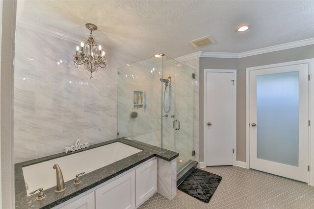 bathroom with a notable chandelier, an enclosed shower, crown molding, tile patterned floors, and a textured ceiling