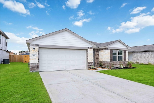 single story home featuring a front yard, central AC unit, and a garage