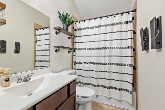 full bathroom featuring shower / bath combo, vaulted ceiling, tile patterned floors, toilet, and vanity