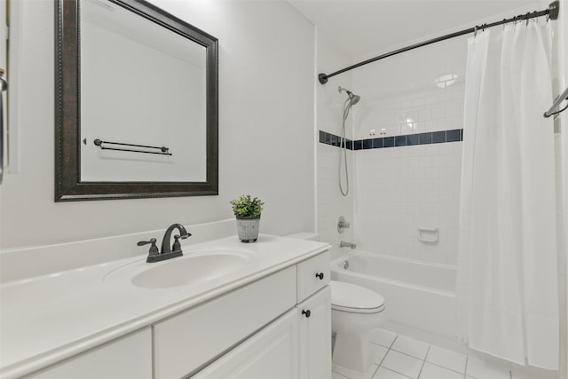 full bathroom with toilet, vanity, tile patterned floors, and shower / tub combo with curtain