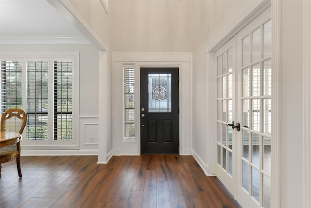 foyer entrance featuring plenty of natural light, dark hardwood / wood-style floors, and ornamental molding