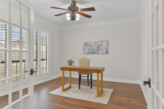 office space featuring ceiling fan, crown molding, and dark wood-type flooring