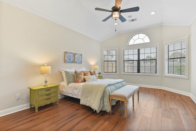 bedroom with ceiling fan, dark wood-type flooring, lofted ceiling, and ornamental molding