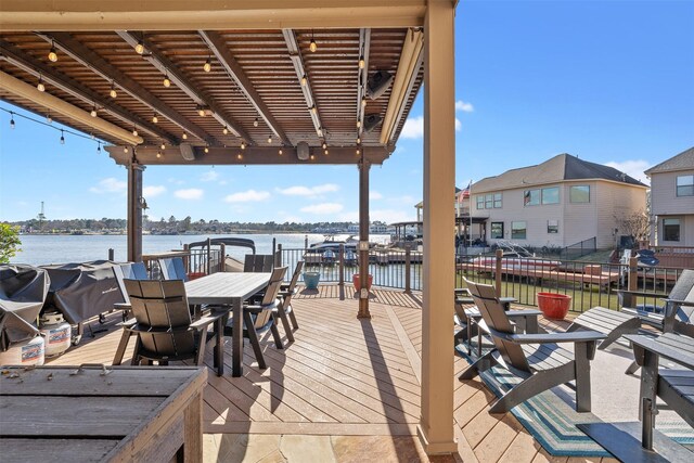 deck featuring a water view