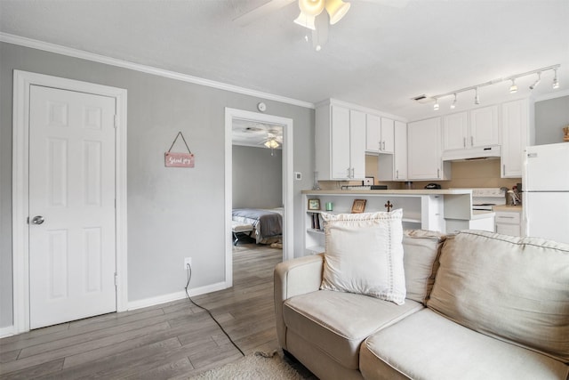 living room featuring ceiling fan, ornamental molding, rail lighting, and light wood-type flooring