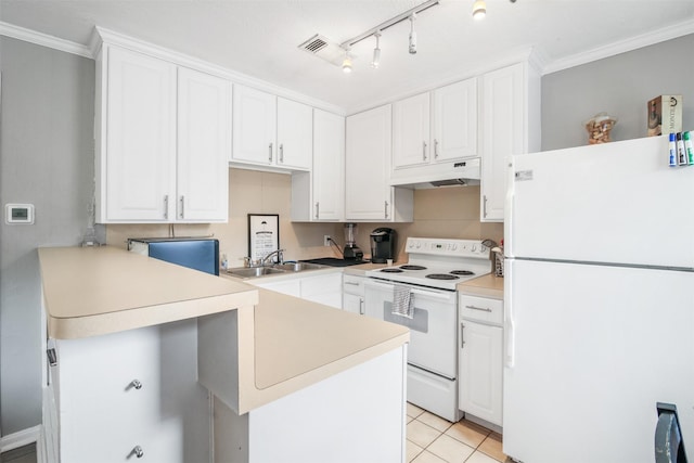 kitchen with sink, white appliances, light tile patterned floors, white cabinetry, and ornamental molding