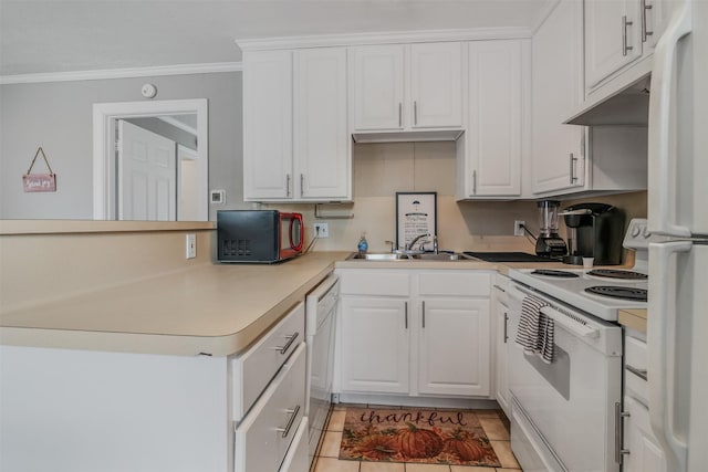 kitchen with white cabinetry, ornamental molding, sink, and white appliances